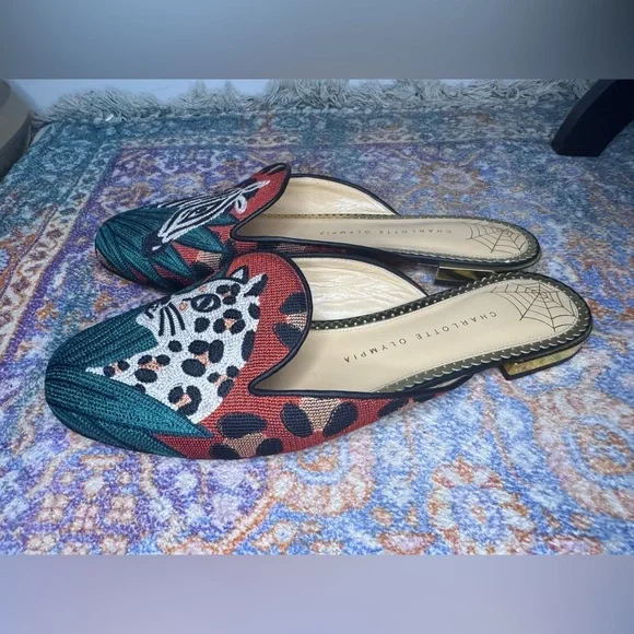 Charlotte Olympia Green and Red Animal Print Mules - Picture 3 of 8
